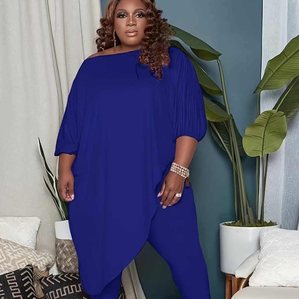 Plus Size Off-Shoulder 2PC Set | Asymmetrical Top + Stretch Pants (1X–5X)